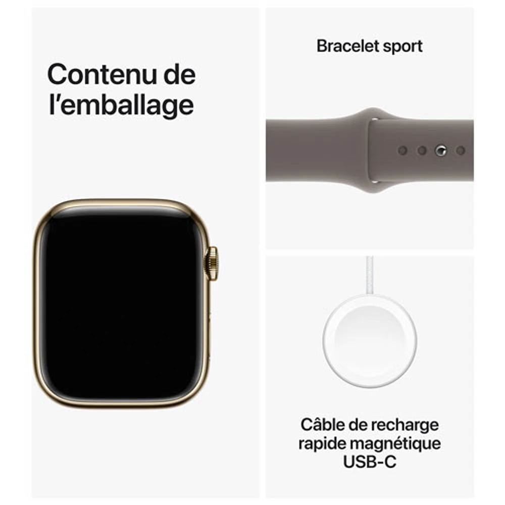 Koodo Apple Watch Series 9 (GPS + Cellular) 45mm Gold Stainless Steel Case with Clay Sport Band - Small/Medium 140-190mm - Monthly Tab Payment