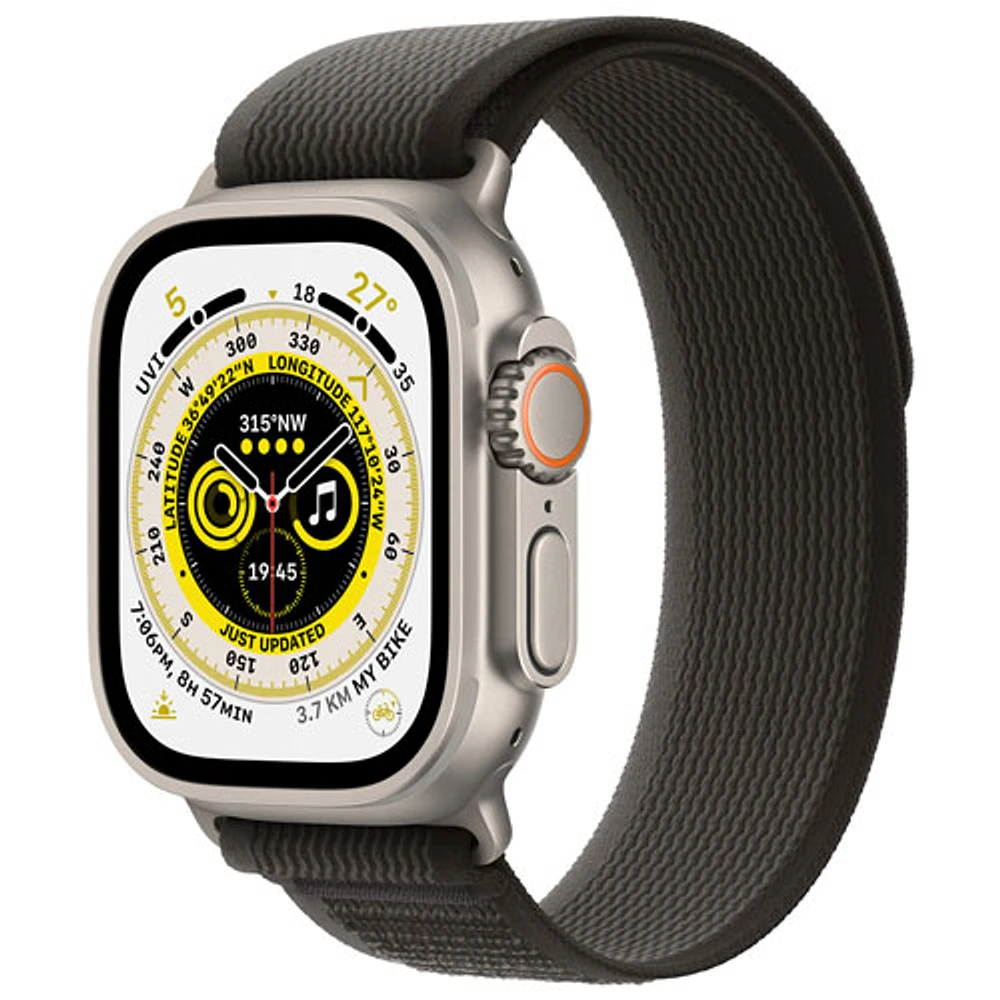 Apple Watch Ultra (GPS + cellulaire) avec boîtier de 49 mm en titane et bracelet à rabat Sentier noir/gris par Koodo - Petit/Moyen - Paiement Balance mensuel