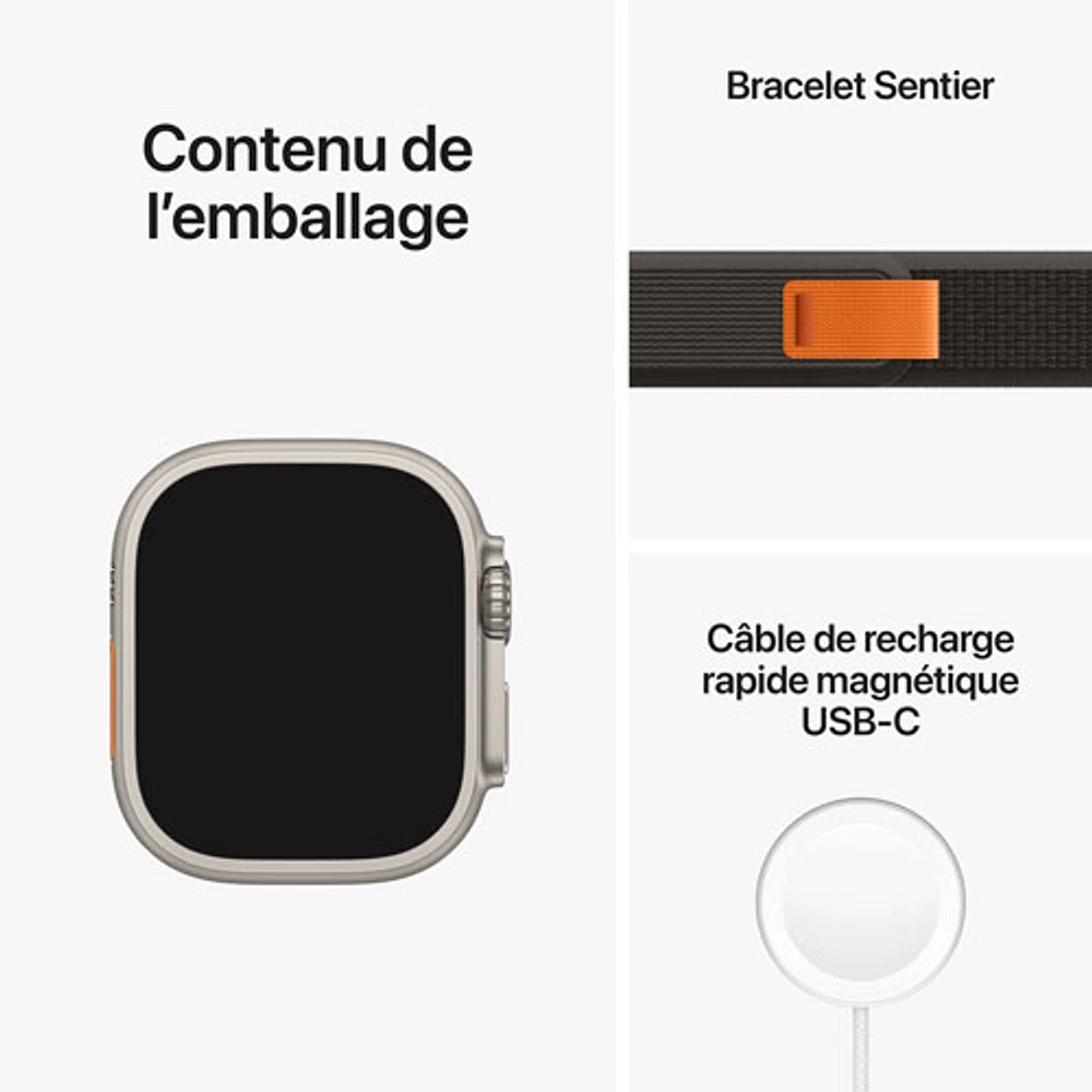 Apple Watch Ultra (GPS + cellulaire) avec boîtier de 49 mm en titane et bracelet à rabat Sentier noir/gris par Koodo - Petit/Moyen - Paiement Balance mensuel