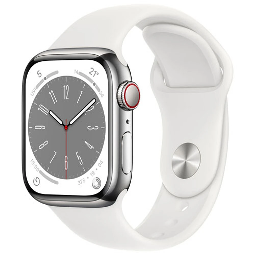 Koodo Apple Watch Series 8 (GPS + Cellular) 41mm Silver Stainless Steel Case with White Sport Band - Small/Medium - Monthly Tab Payment