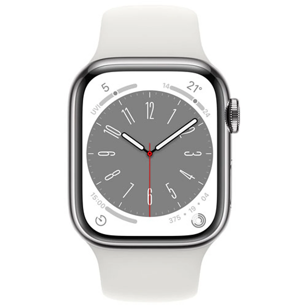 Koodo Apple Watch Series 8 (GPS + Cellular) 41mm Silver Stainless Steel Case with White Sport Band - Small/Medium - Monthly Tab Payment