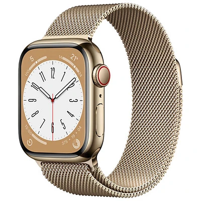 Apple Watch Series 8 (GPS + cellulaire) avec boîtier de 41 mm en acier inoxydable doré et bracelet milanais doré par Koodo - Petit/Moyen - Paiement Balance mensuel