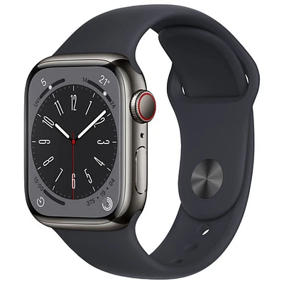 Apple Watch Series 8 (GPS + cellulaire) avec boîtier de 41 mm en acier inoxydable graphite et bracelet sport minuit par Koodo - Petit/Moyen - Paiement Balance mensuel