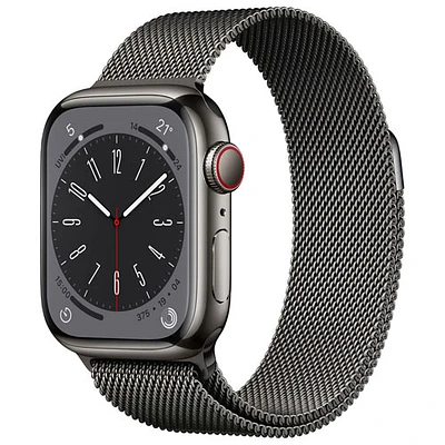 Apple Watch Series 8 (GPS + cellulaire) avec boîtier de 41 mm en acier inoxydable graphite et bracelet milanais graphite par Koodo - Petit/Moyen - Paiement Balance mensuel