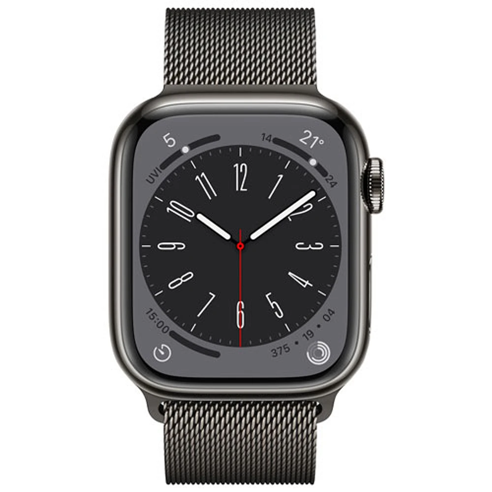 Apple Watch Series 8 (GPS + cellulaire) avec boîtier de 41 mm en acier inoxydable graphite et bracelet milanais graphite par Koodo - Petit/Moyen - Paiement Balance mensuel