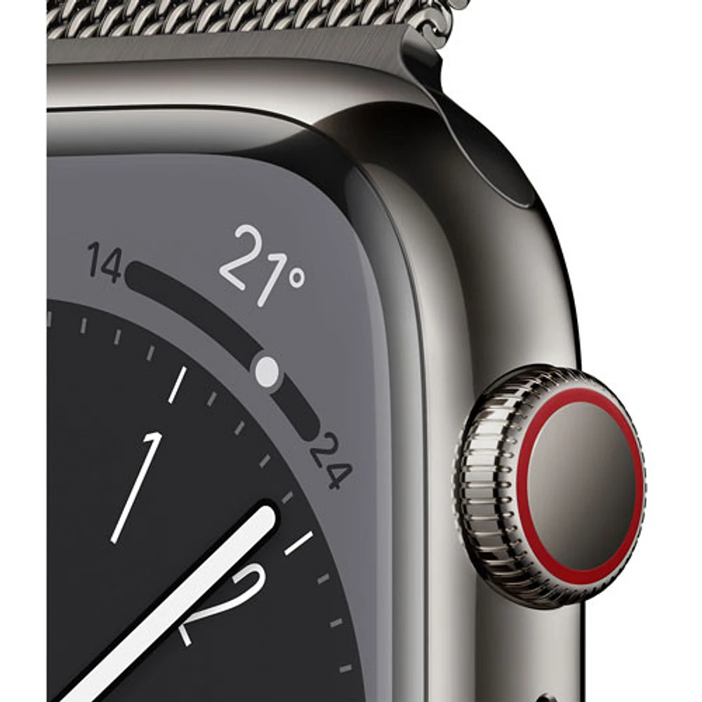 Apple Watch Series 8 (GPS + cellulaire) avec boîtier de 41 mm en acier inoxydable graphite et bracelet milanais graphite par Koodo - Petit/Moyen - Paiement Balance mensuel