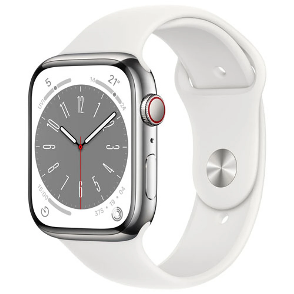 Koodo Apple Watch Series 8 (GPS + Cellular) 45mm Silver Stainless Steel Case with White Sport Band - Medium/Large - Monthly Tab Payment