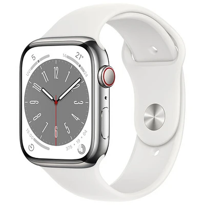 Koodo Apple Watch Series 8 (GPS + Cellular) 45mm Silver Stainless Steel Case with White Sport Band - Medium/Large - Monthly Tab Payment