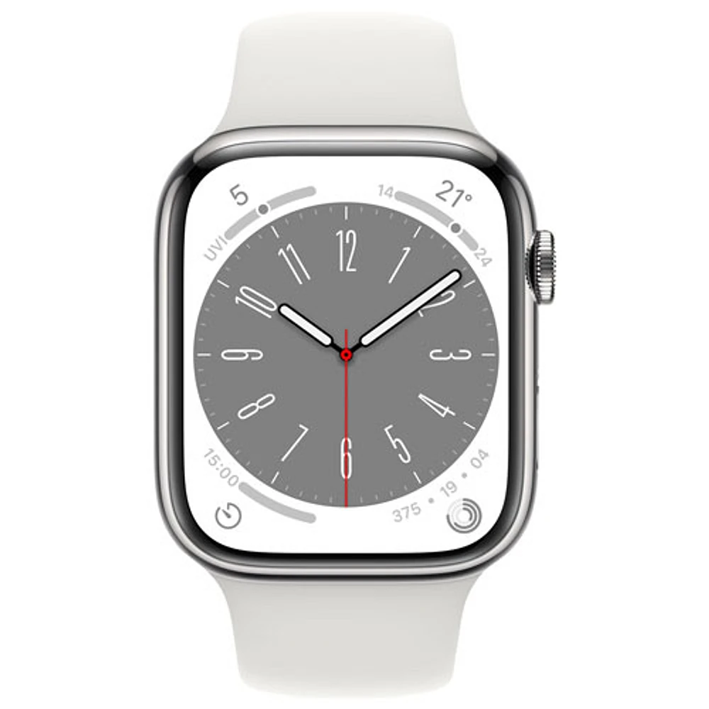 Koodo Apple Watch Series 8 (GPS + Cellular) 45mm Silver Stainless Steel Case with White Sport Band - Medium/Large - Monthly Tab Payment