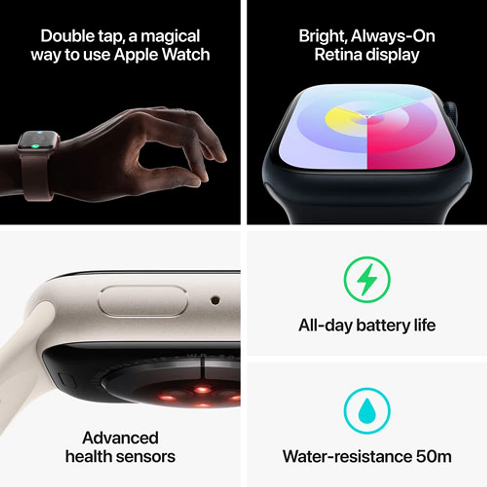 Apple Watch Series 9 (GPS + cellulaire) avec boîtier de 41 mm en aluminium minuit et bracelet sport minuit par Koodo - Petit - Paiement Balance mensuel