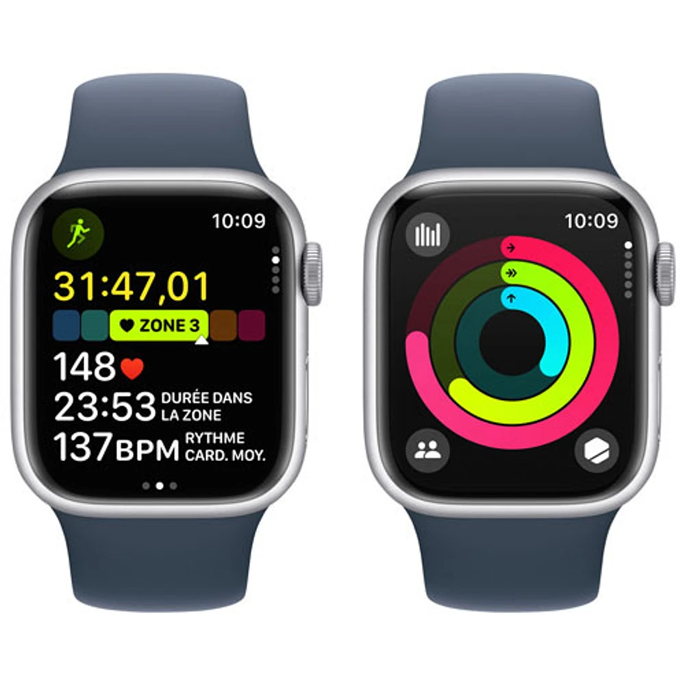 Apple Watch Series 9 (GPS + cellulaire) avec boîtier de 41 mm en aluminium argenté et bracelet sport bleu tempête - Petit/Moyen 130-180 mm - Paiement Balance mensuel