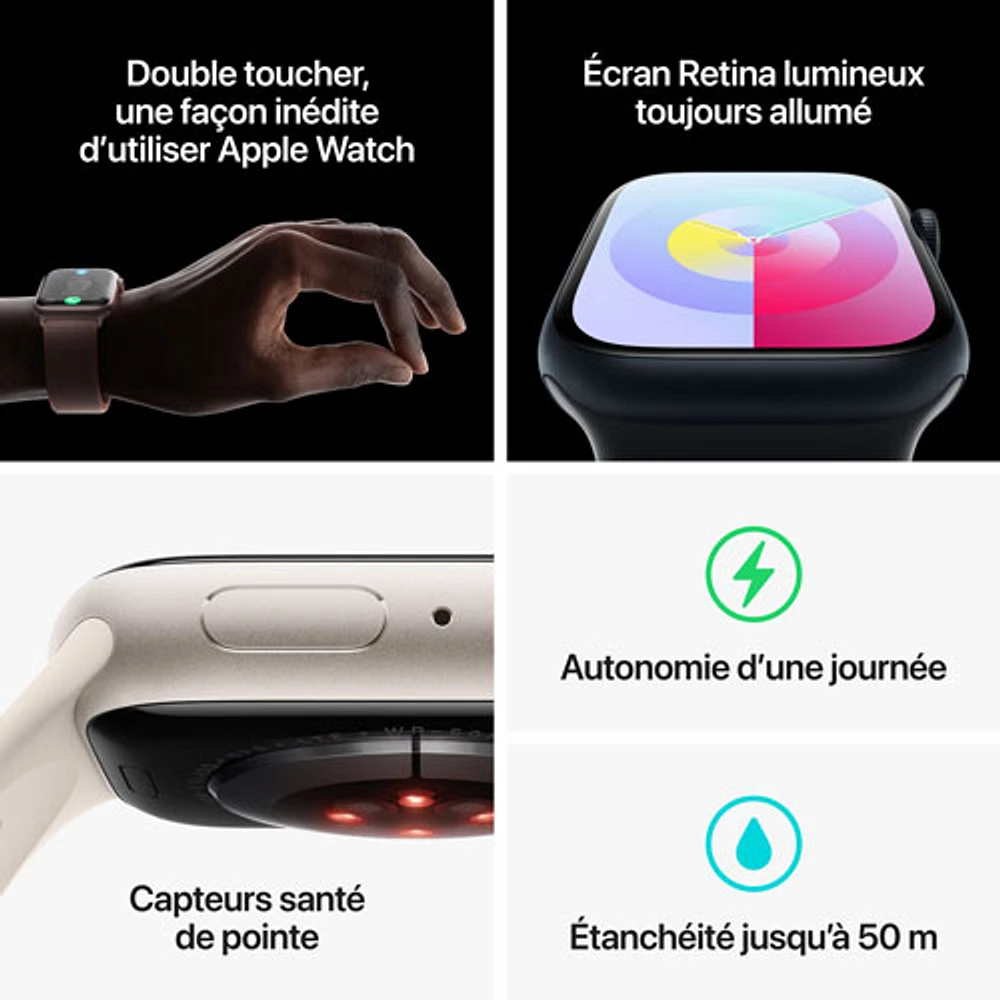 Apple Watch Series 9 (GPS + cellulaire) avec boîtier de 41 mm en aluminium argenté et bracelet sport bleu tempête - Petit/Moyen 130-180 mm - Paiement Balance mensuel