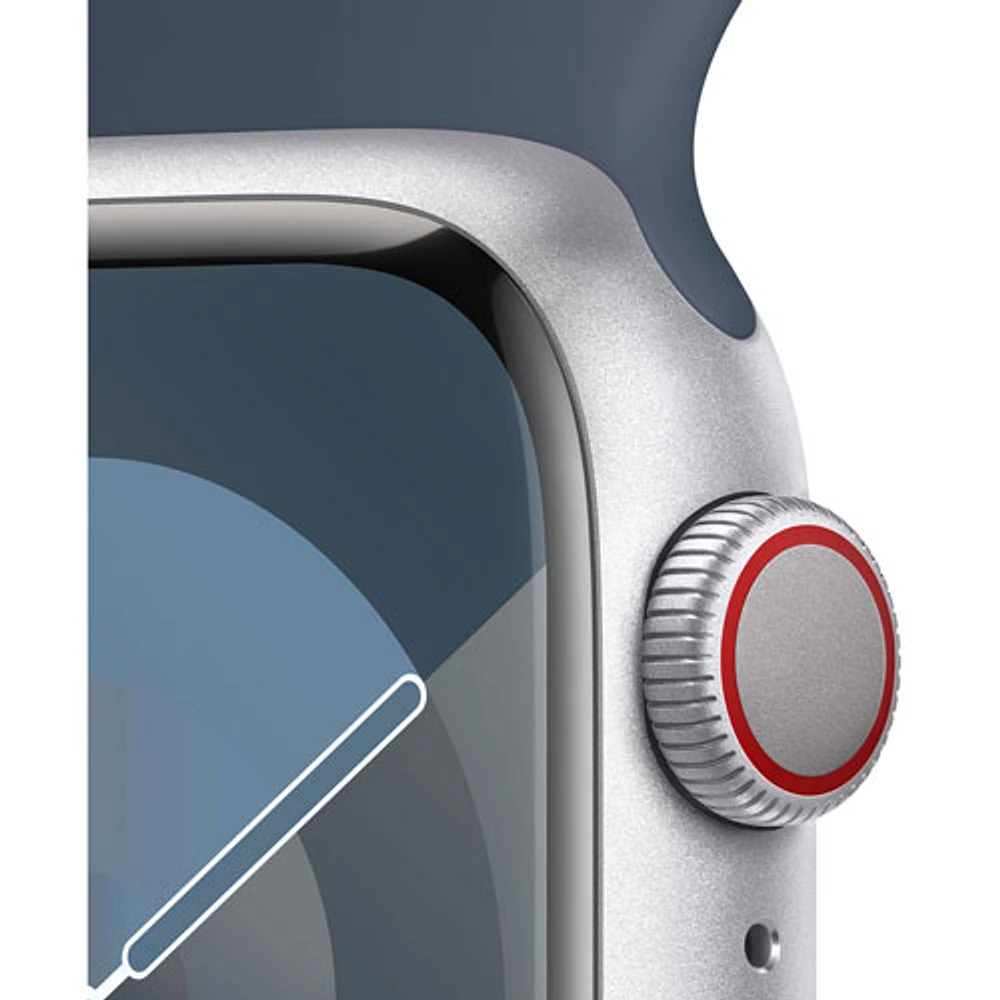 Apple Watch Series 9 (GPS + cellulaire) avec boîtier de 41 mm en aluminium argenté et bracelet sport bleu tempête par Koodo - Moyen/Grand 150-200 mm - Paiement Balance mensuel