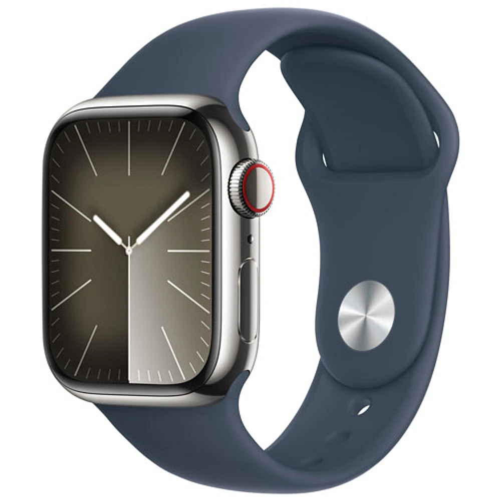 Koodo Apple Watch Series 9 (GPS + Cellular) 41mm Silver Stainless Steel Case with Storm Blue Sport Band - Small / Medium 130-180mm - Monthly Tab Payment