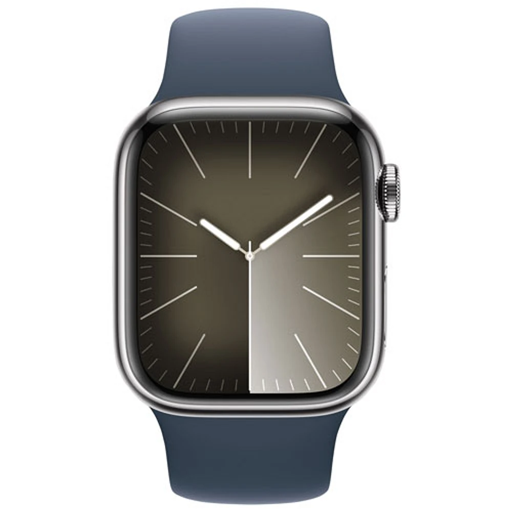 Apple Watch Series 9 (GPS + cellulaire) avec boîtier de 41 mm en acier inoxydable argenté et bracelet sport bleu tempête par Koodo - Petit/Moyen 130-180 mm - Paiement Balance mensuel