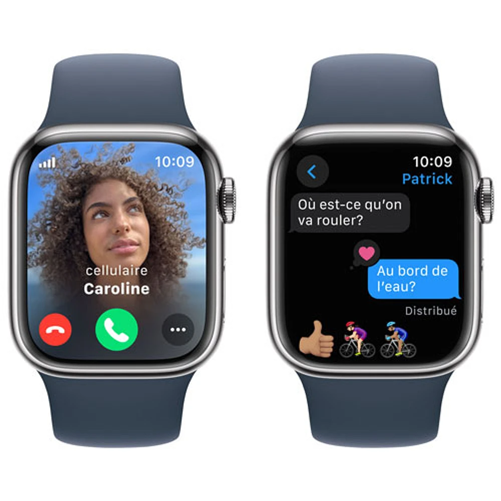 Apple Watch Series 9 (GPS + cellulaire) avec boîtier de 41 mm en acier inoxydable argenté et bracelet sport bleu tempête par Koodo - Petit/Moyen 130-180 mm - Paiement Balance mensuel