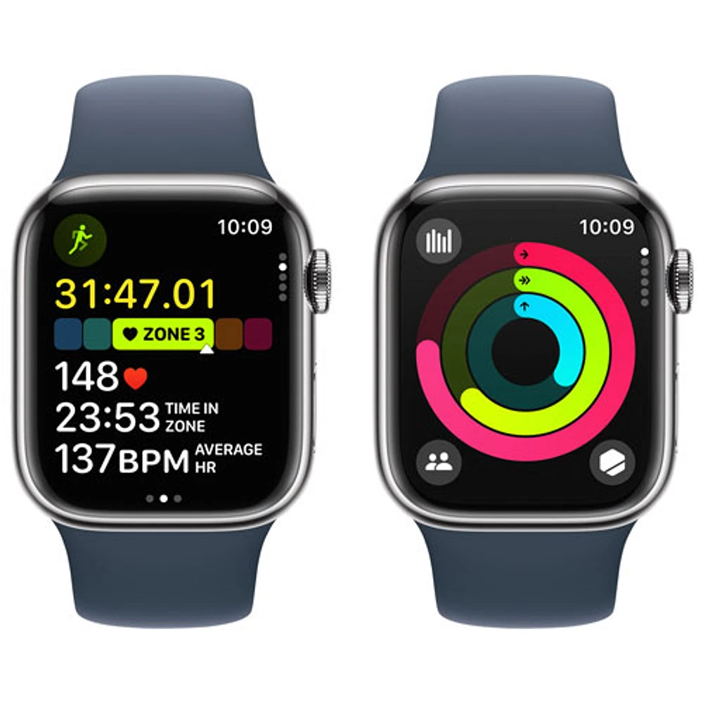 Apple Watch Series 9 (GPS + cellulaire) avec boîtier de 41 mm en acier inoxydable argenté et bracelet sport bleu tempête par Koodo - Petit/Moyen 130-180 mm - Paiement Balance mensuel