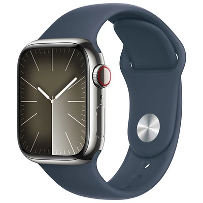 Koodo Apple Watch Series 9 (GPS + Cellular) 41mm Silver Stainless Steel Case with Storm Blue Sport Band - Medium / Large 150-200mm - Monthly Tab Payment