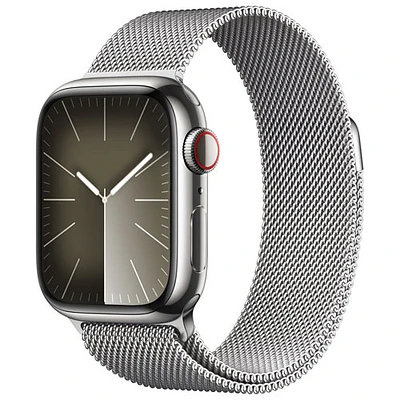 Apple Watch Series 9 (GPS + cellulaire) de 41 mm avec boîtier en acier inoxydable argenté et bracelet milanais en acier inoxydable argenté par Koodo - Petit - Paiement Balance mensuel