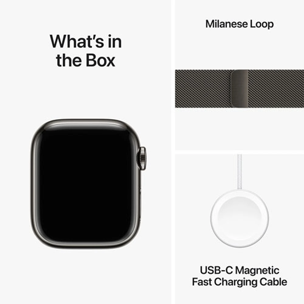 Apple Watch Series 9 (GPS + cellulaire) avec boîtier de 41 mm en acier inoxydable graphite et bracelet milanais à rabat en acier inoxydable graphite par Koodo - Petit - Paiement Balance mensuel