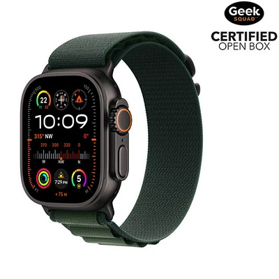 Boîte ouverte - Apple Watch Ultra 2 (GPS + cellulaire) avec boîtier de 49 mm en titane noir et bracelet alpin vert fonc