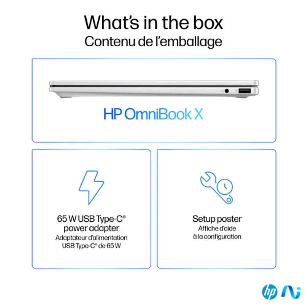 Portable PC 14 po OmniBook X Gen AI de HP - Argenté glacier (Snapdragon X Plus/RAM 16 Go/SSD 1 To/Windows 11 Famille)