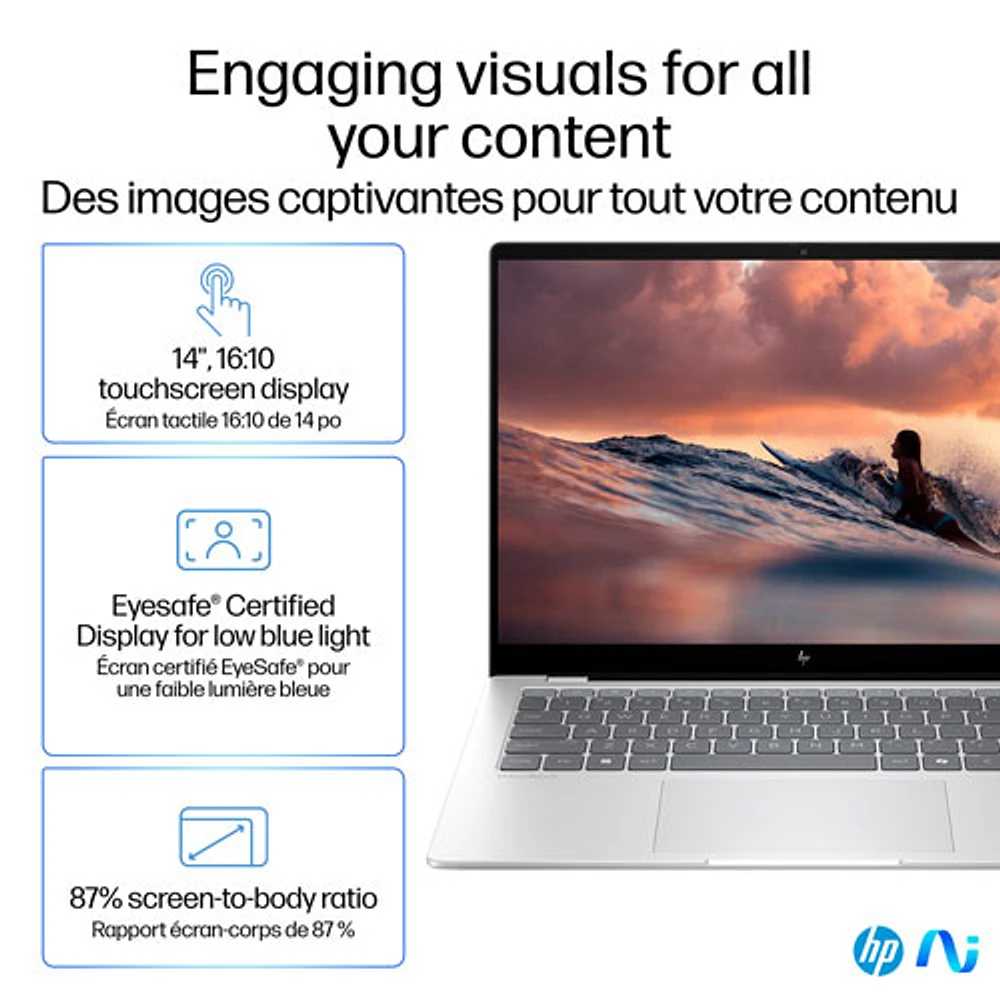 Portable PC 14 po OmniBook X Gen AI de HP - Argenté glacier (Snapdragon X Plus/RAM 16 Go/SSD 1 To/Windows 11 Famille)