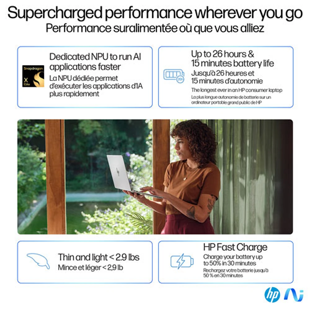 Portable PC 14 po OmniBook X Gen AI de HP - Argenté glacier (Snapdragon X Plus/RAM 16 Go/SSD 1 To/Windows 11 Famille)