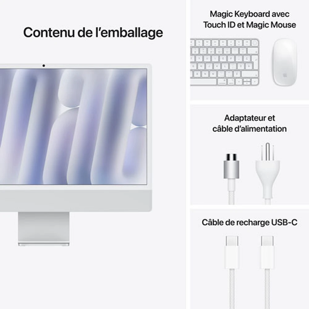 iMac de 24 po d'Apple (automne 2024) - Argenté (puce M4 d'Apple/processeur graphique coeurs/RAM 24 Go/SSD Go