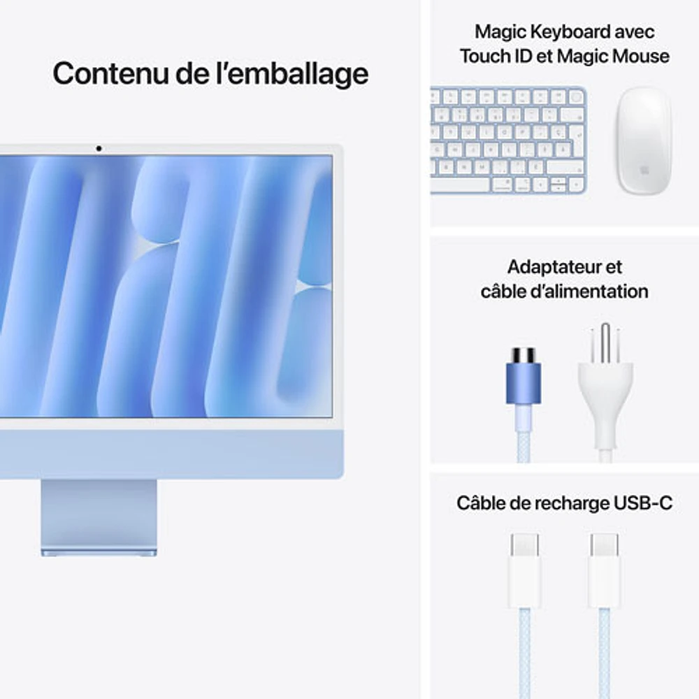 iMac de 24 po d'Apple (automne 2024) - Bleu (puce M4 d'Apple/processeur graphique coeurs/RAM 24 Go/SSD Go