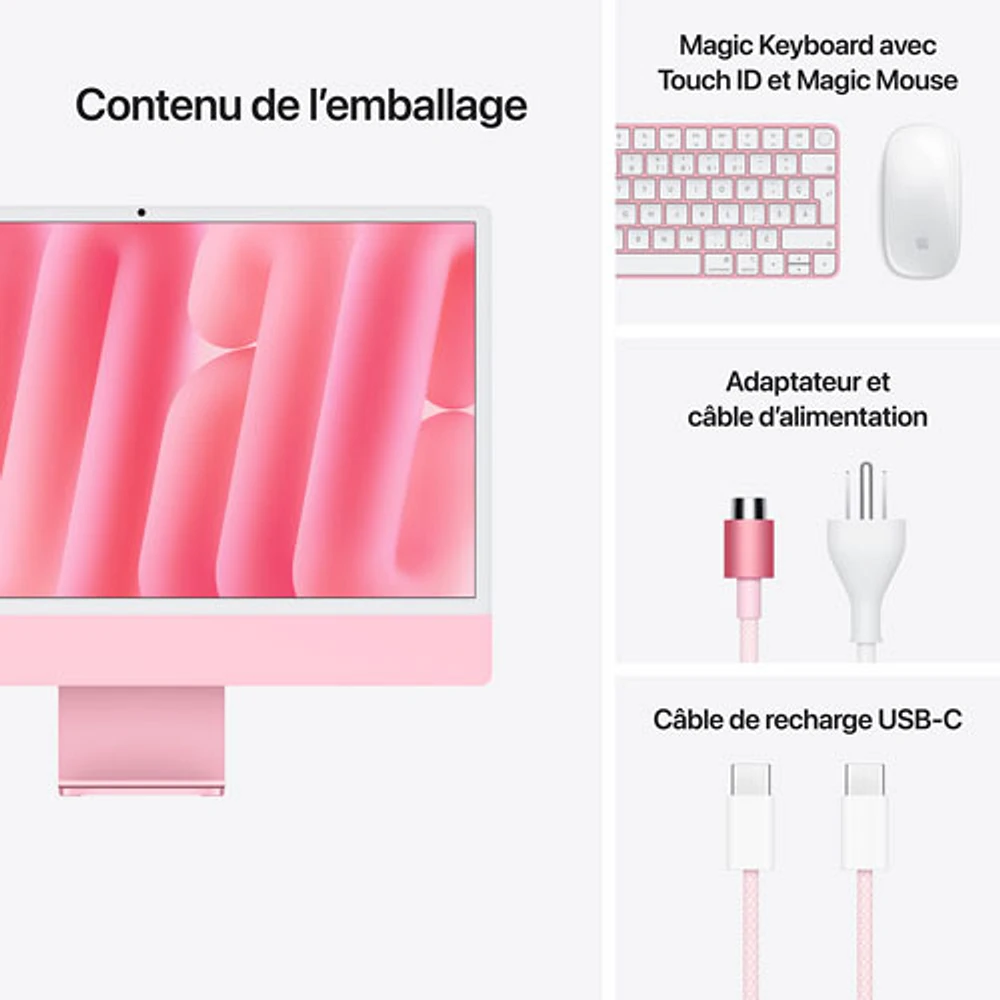 iMac de 24 po d'Apple (automne 2024) - Rose (puce M4 d'Apple/processeur graphique 10 coeurs/RAM 24 Go/SSD 512 Go