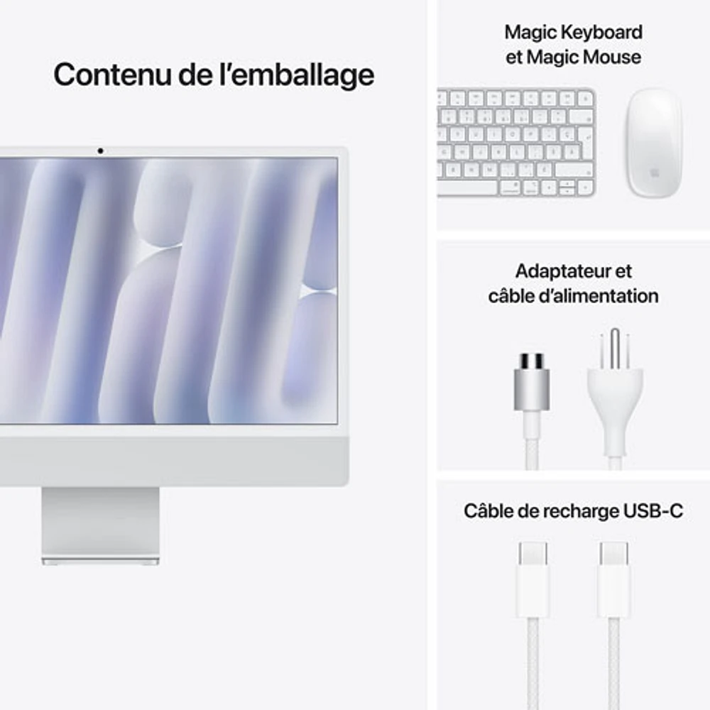 iMac à écran nanotexturé de 24 po d'Apple (automne 2024) - Argenté (puce M4 d'Apple/processeur graphique 10 coeurs/RAM 16 Go/SSD 256 Go