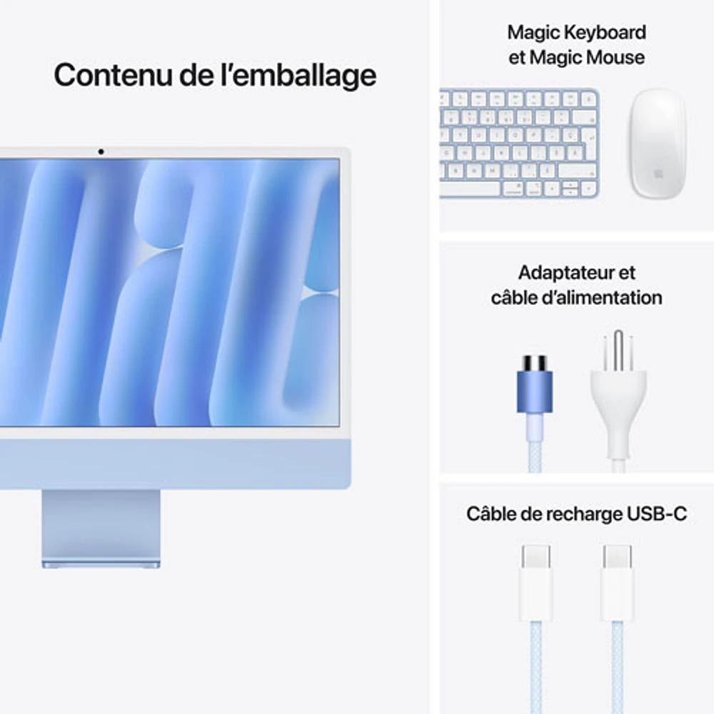 iMac de 24 po d'Apple (automne 2024) - Bleu (puce M4 d'Apple/processeur graphique coeurs/RAM 16 Go/SSD 256 Go
