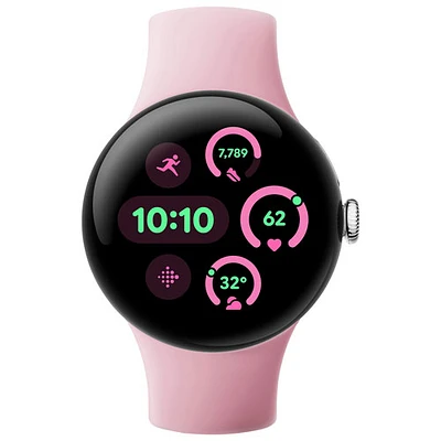 Koodo - Pixel Watch 3 LTE de 41 mm de Google avec boîtier en aluminium argent poli et bracelet sport quartz rose - Paiement Balance mensuel