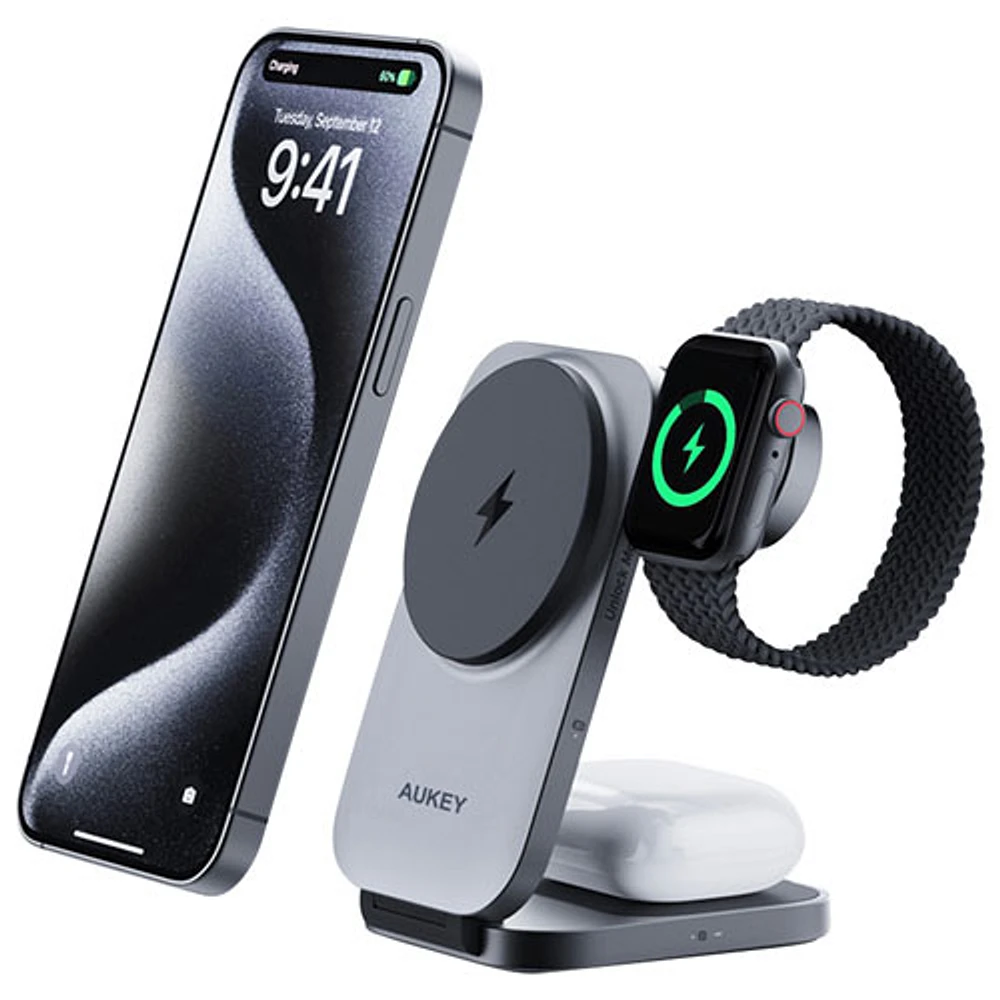 AUKEY MagFusion Z 3-in-1 Qi2 Foldable Magnetic Charging Station - Space Grey