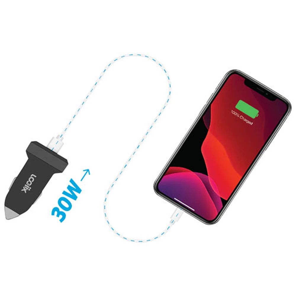 Chargeur pour l'auto USB-C/USB-A 30 W Power Lite Duo de LOGiiX - Noir