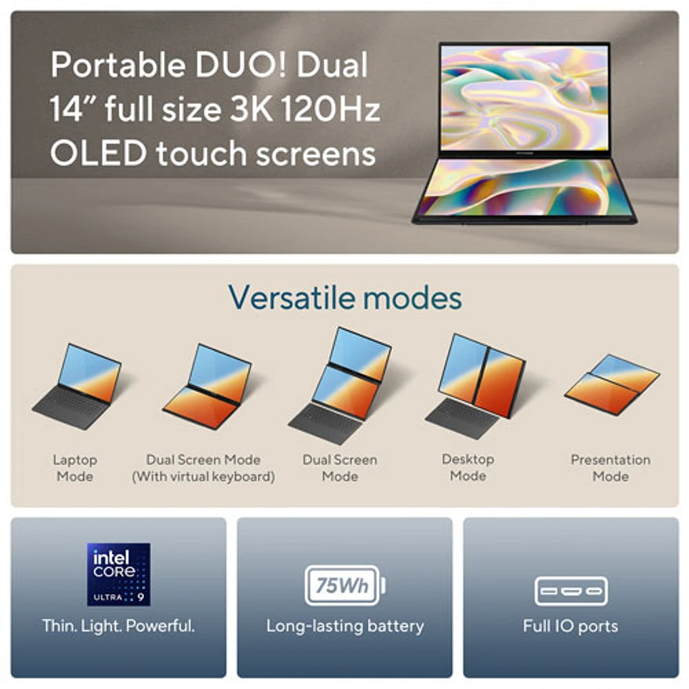 ASUS Zenbook DUO 14" Touchscreen 2-in-1 Laptop - Inkwell Grey (Intel Core Ultra 9/32GB RAM/1TB SSD/Win 11)