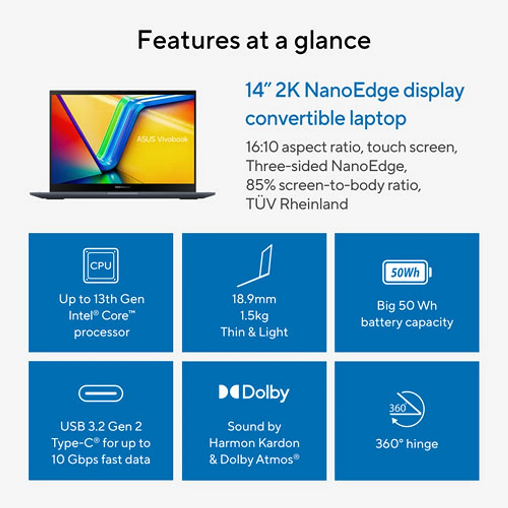 ASUS Vivobook S 14 Flip 14" Touchscreen Business Laptop - Quiet Blue (Intel Ci7-13620H/16GB RAM/1TB SSD)