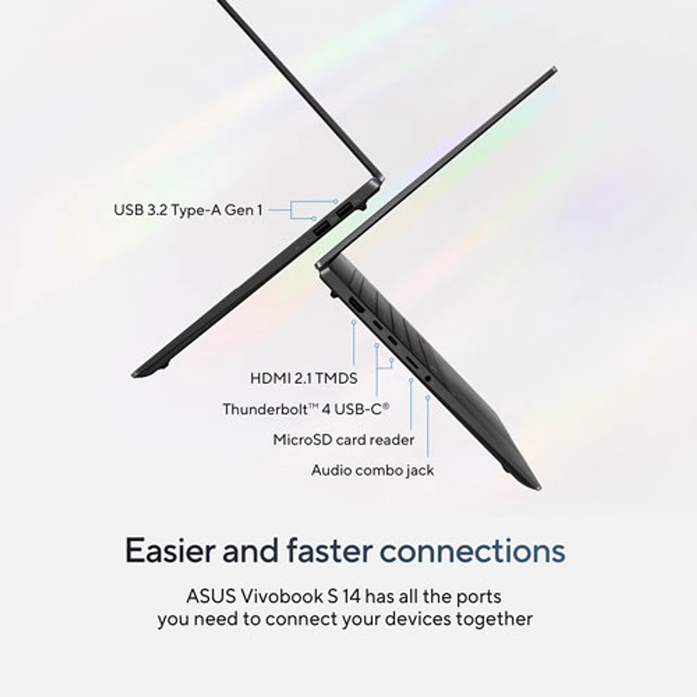 Portable professionnel de 14 po Vivobook S 14 d'ASUS - Noir neutre (Core Ultra 7 d'Intel/RAM 16 Go/SSD 1 To/Windows 11 Famille)