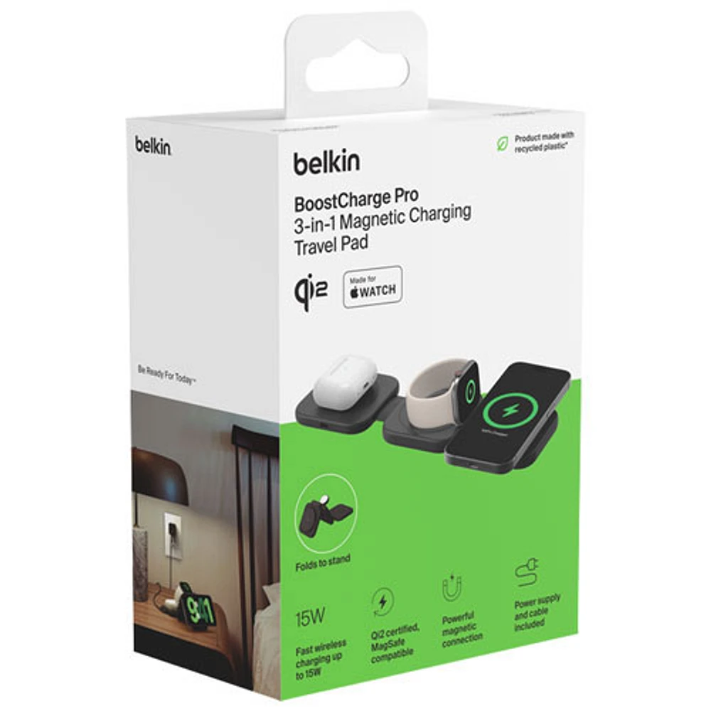 Belkin 3-in-1 15W Qi2 Wireless Travel Charging Pad with Travel Bag - Black