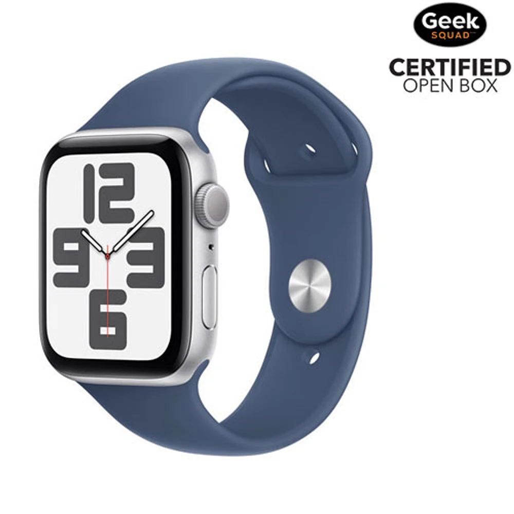 Open Box - Apple Watch SE (GPS) 44mm Silver Aluminum Case with Denim Sport Band - Medium/Large