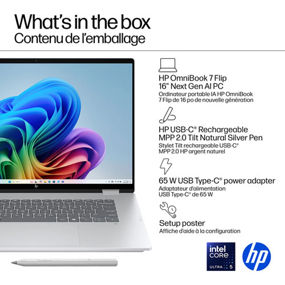 Portable Copilot+ PC 2-en-1 tactile de 16 po OmniBook 7 Flip de HP (Core Ultra 5-258v d'Intel/RAM 16 Go/SSD 512 Go)
