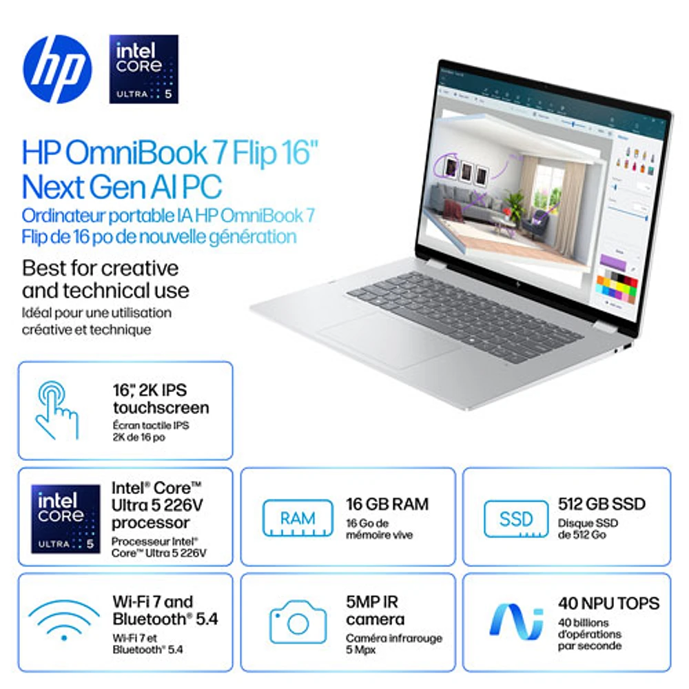 Portable Copilot+ PC 2-en-1 tactile de 16 po OmniBook 7 Flip de HP (Core Ultra 5-258v d'Intel/RAM 16 Go/SSD 512 Go)