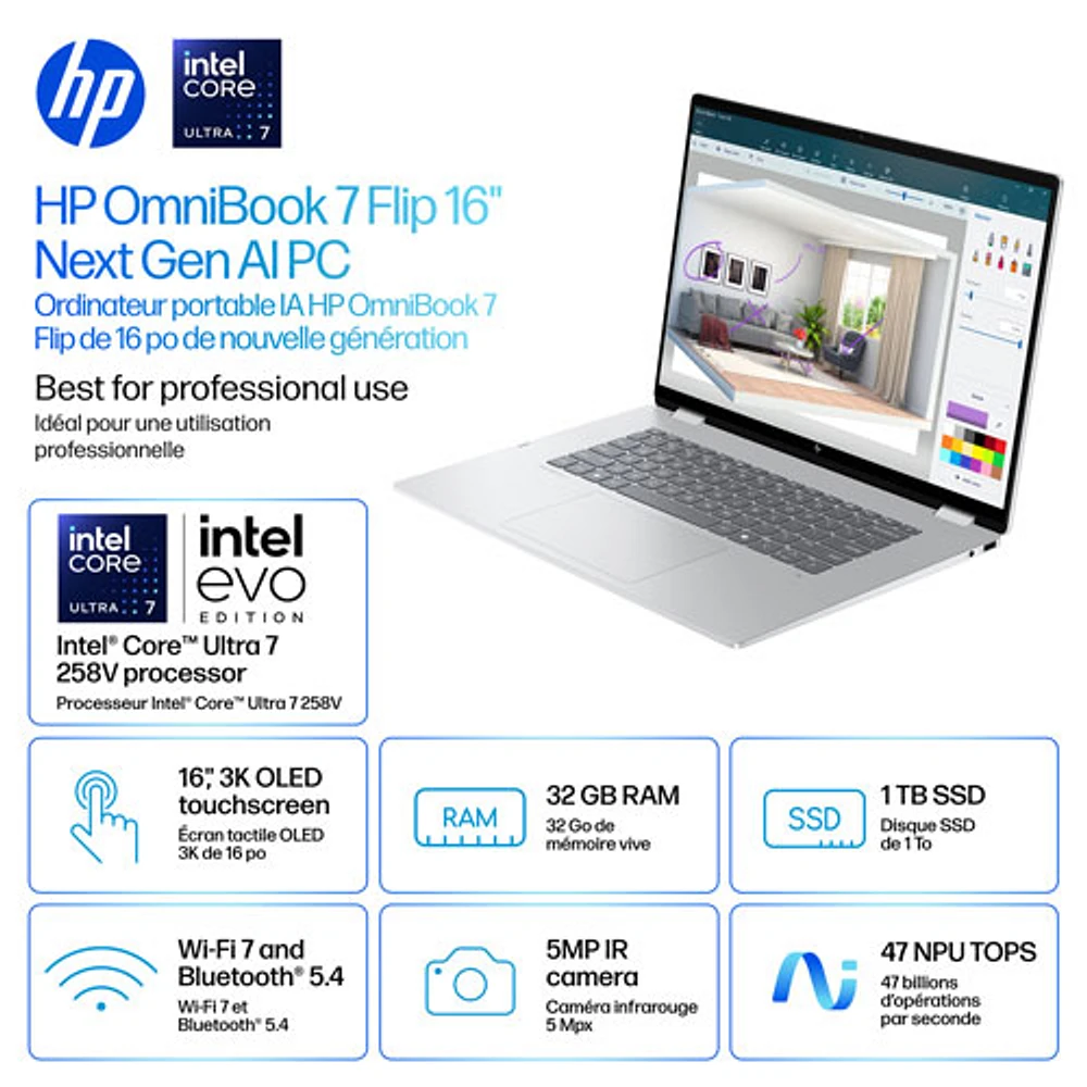 Portable Copilot+ PC 2-en-1 tactile de 16 po OmniBook 7 Flip de HP (Core Ultra 7-258V d'Intel/RAM 32 Go/SSD 1 To)