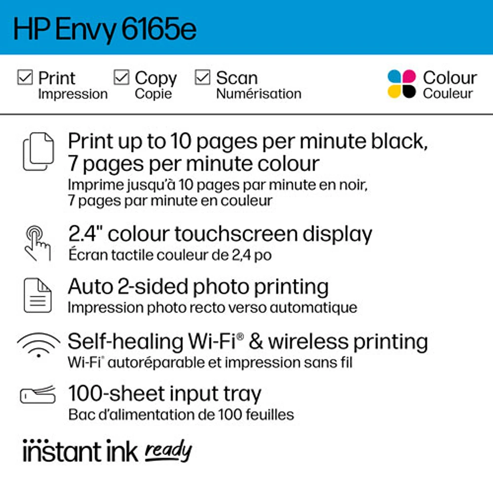 Imprimante à jet d'encre tout-en-un sans fil Envy 6165e de HP - Blanc