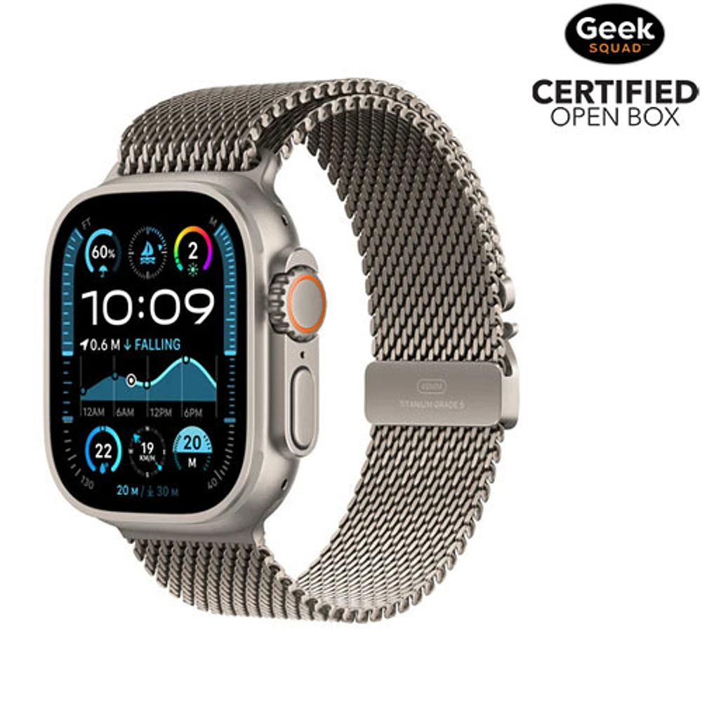 Boîte ouverte - Apple Watch Ultra 2 (GPS + cellulaire) avec boîtier de 49 mm Titane naturel et bracelet milanais Titane naturel - Petit