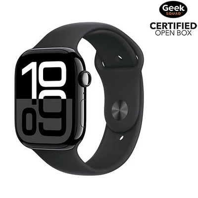 Open Box - Apple Watch Series 10 (GPS + Cellular) 46mm Jet Black Aluminum Case with Black Sport Band - Small/ Medium