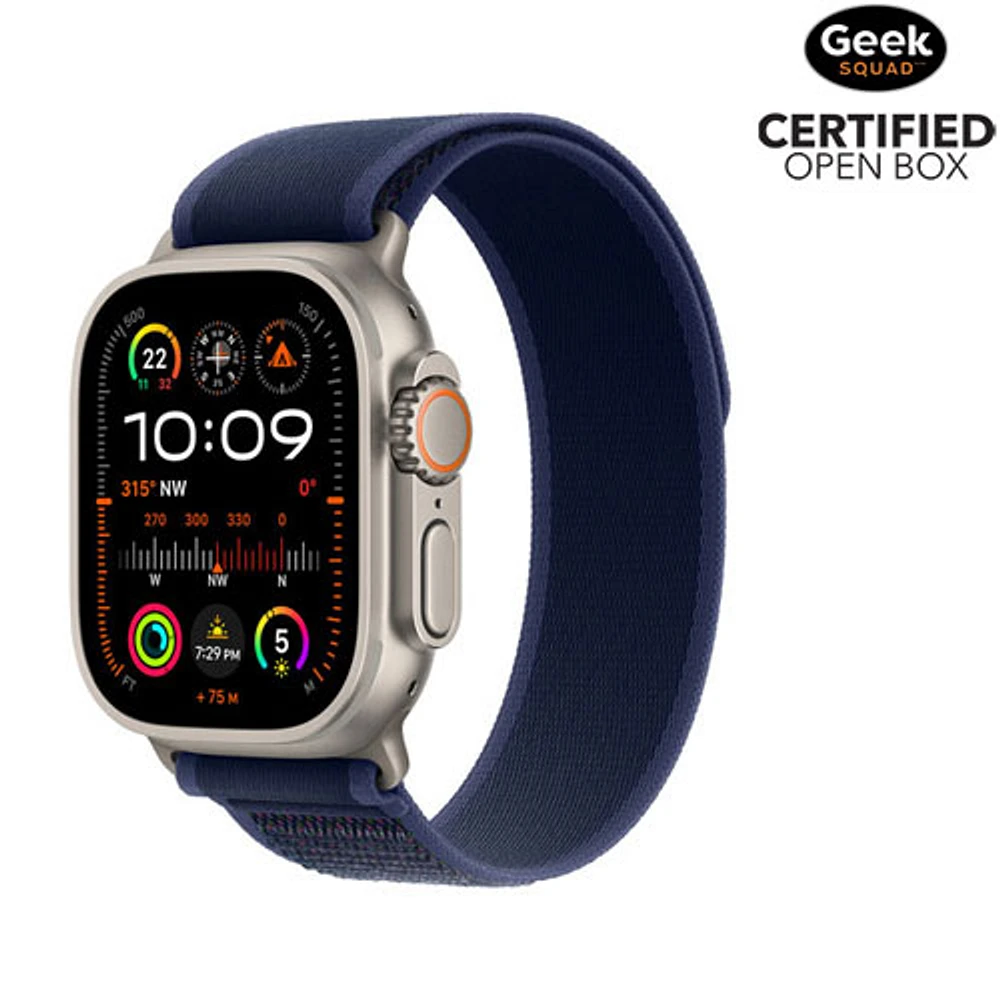 Boîte ouverte - Apple Watch Ultra 2 (GPS + cellulaire) avec boîtier de 49 mm en titane naturel et bracelet sentier bleu - Moyen/Grand