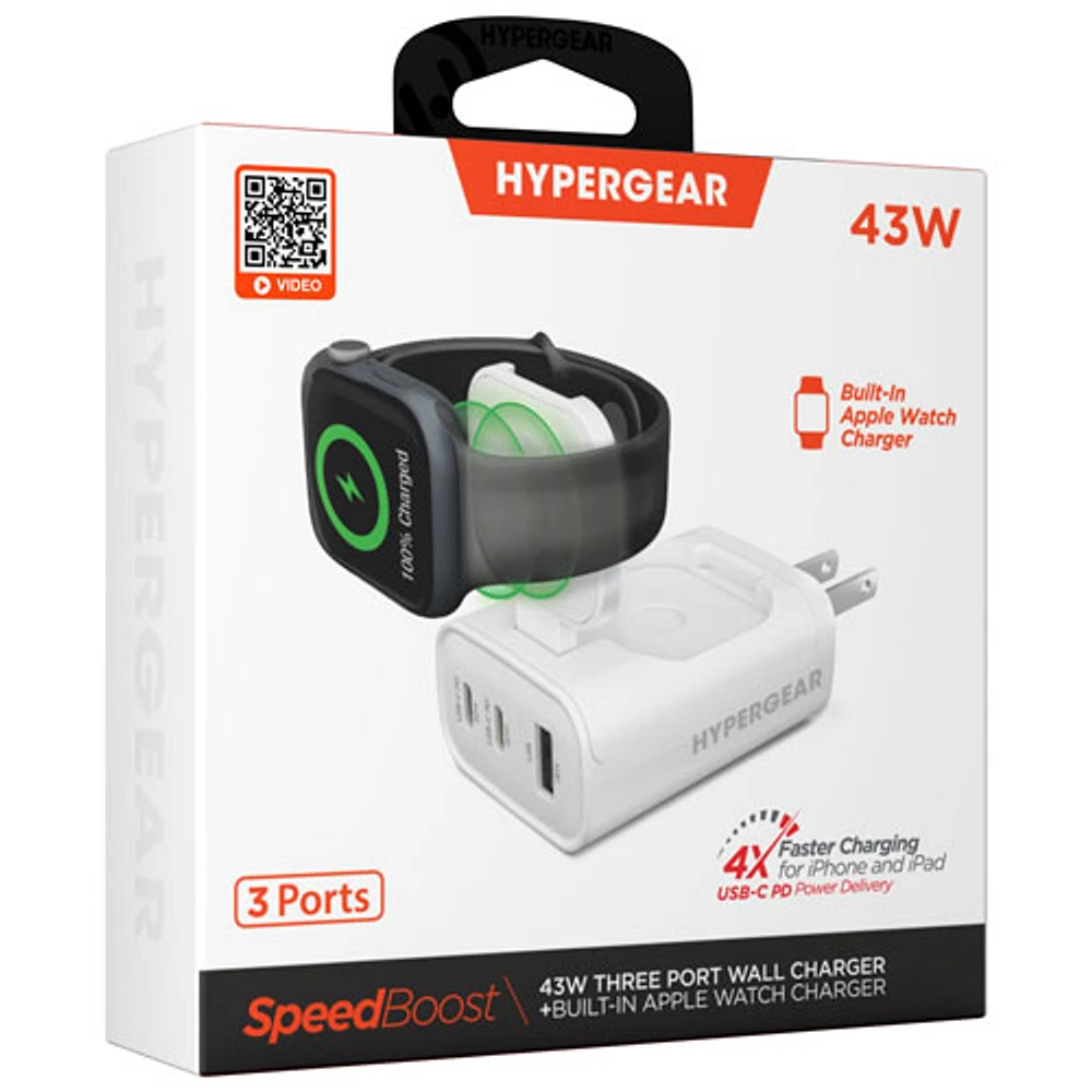 Chargeur mural à 3 ports USB-C/USB-A/Apple Watch de 43 W SpeedBoost de HyperGear - Blanc