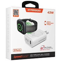 Chargeur mural à 3 ports USB-C/USB-A/Apple Watch de 43 W SpeedBoost de HyperGear - Blanc